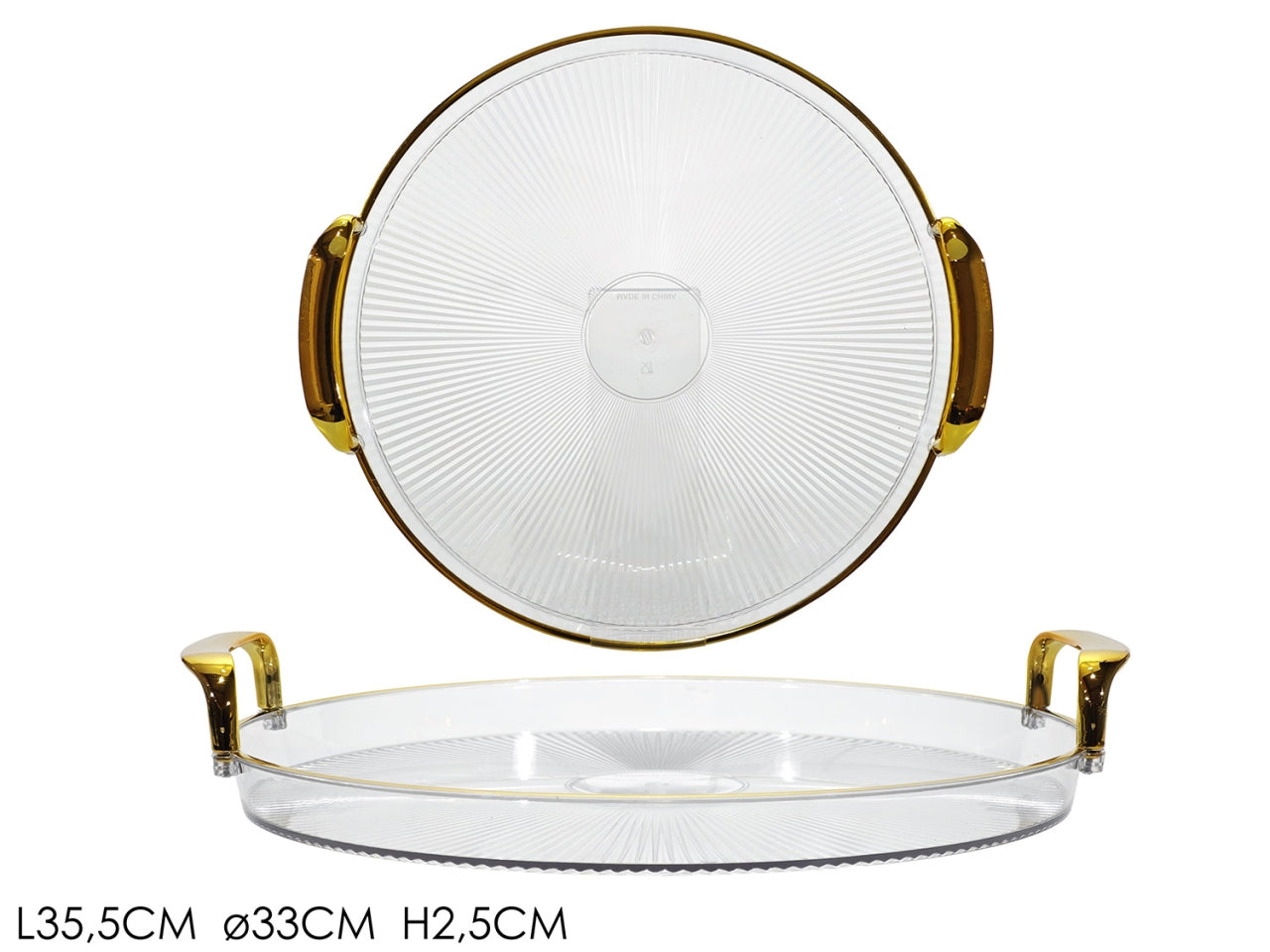 Vassoio tondo con manici 35cm in plastica trasparente e bordo oro