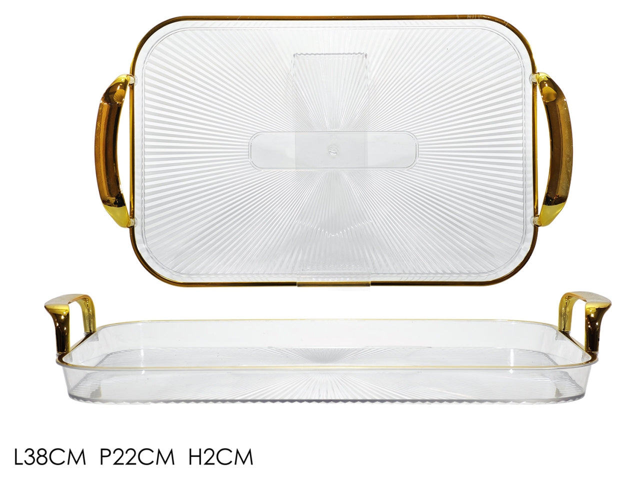 Vassoio con manici 38x22cm in plastica trasparente e bordo oro