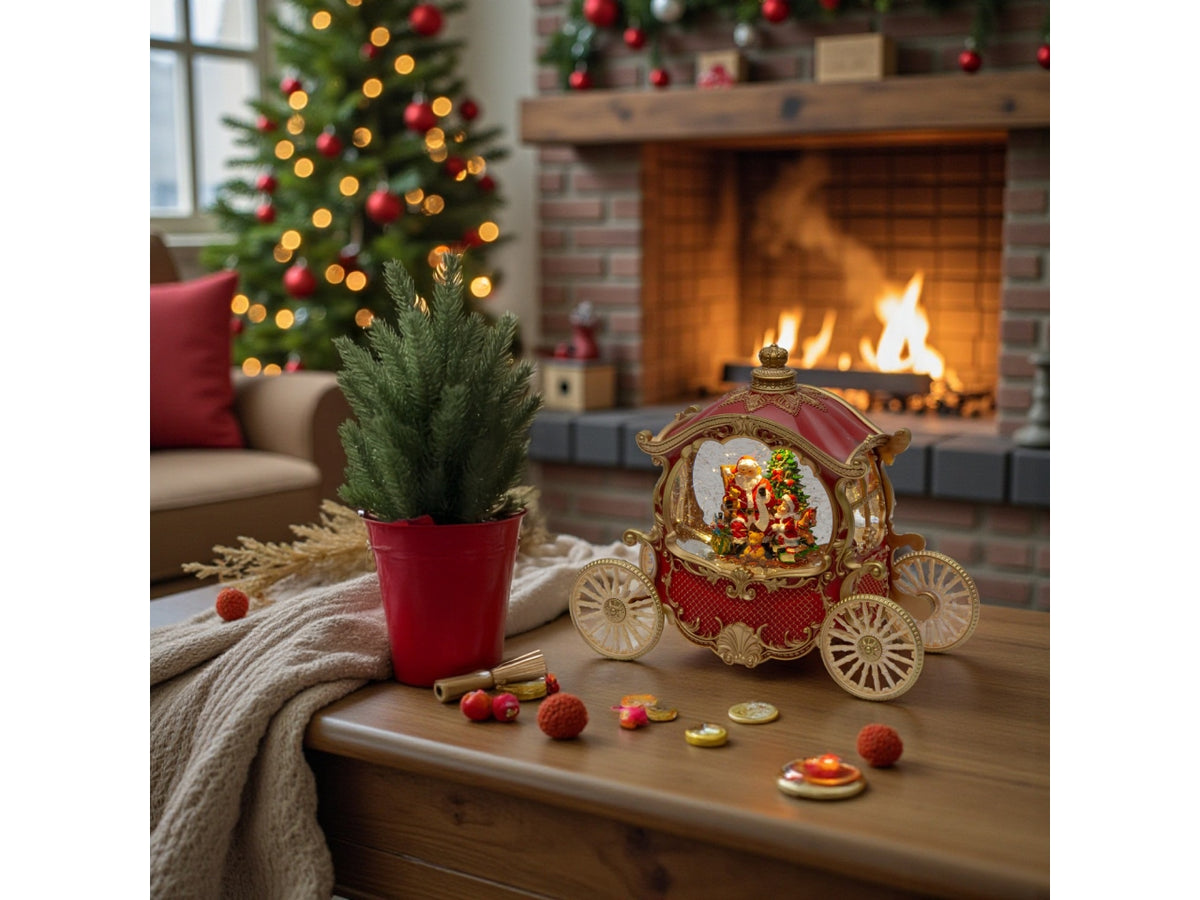 Carrozza decorativa in plastica 26cm rosso-oro con led musica e glitter nell'acqua a batteria 3xAA