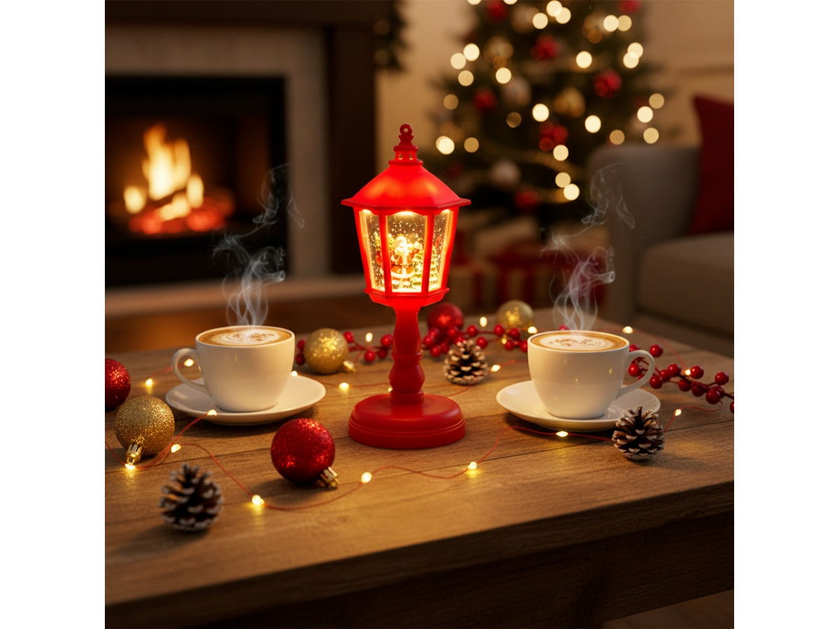 Lampione decorativo in plastica 21cm rosso con led musica e glitter nell'acqua a batteria 3xAAA