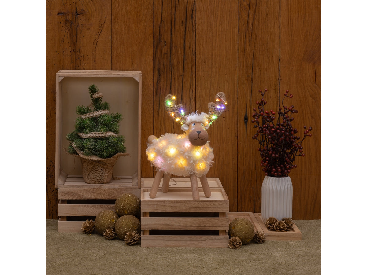 Pecorella decorativa 31cm con 50 microled bianco caldo e multicolor a batteria 3xAA, uso interno
