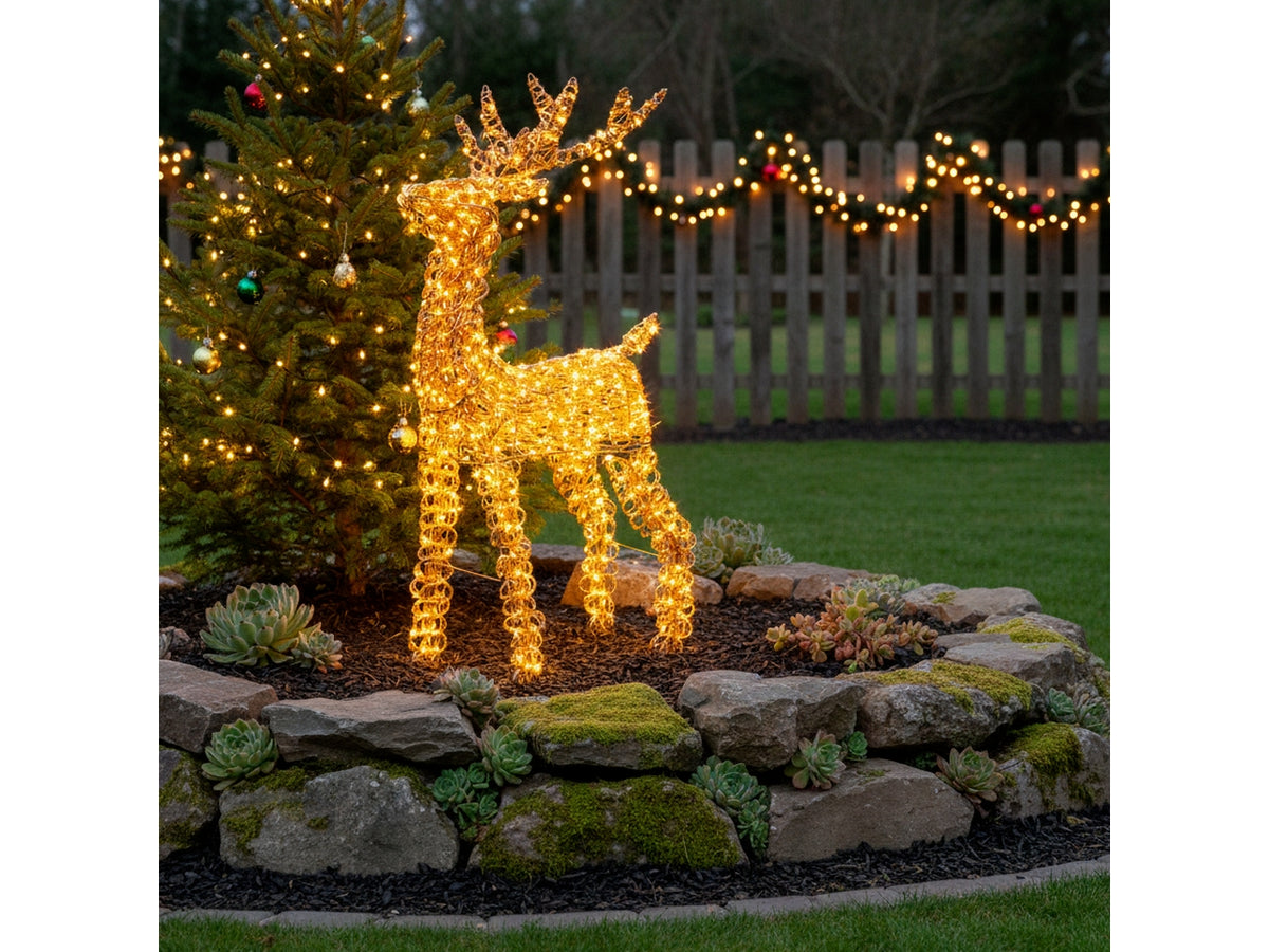 Renna 3D maxi 96cm con 600 led bianco caldo luce fissa e led lampeggianti, telaio color rame, per uso interno/esterno