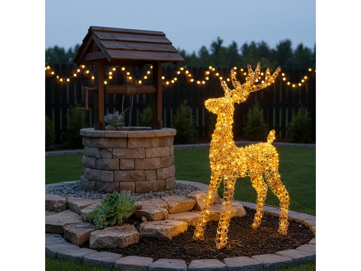 Renna 3D maxi 120cm con 720 led bianco caldo luce fissa e led lampeggianti, telaio color rame, per uso interno/esterno