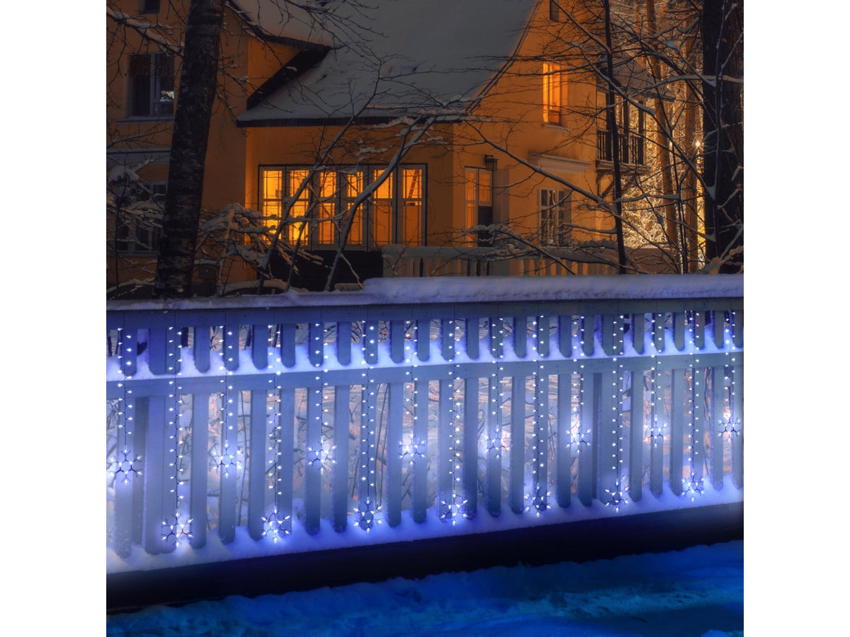 Tenda luci 600 led bianco e 20 fiocchi di neve con giochi di luce, telecomando, cavo trasparente 500xh.105cm per uso interno/esterno