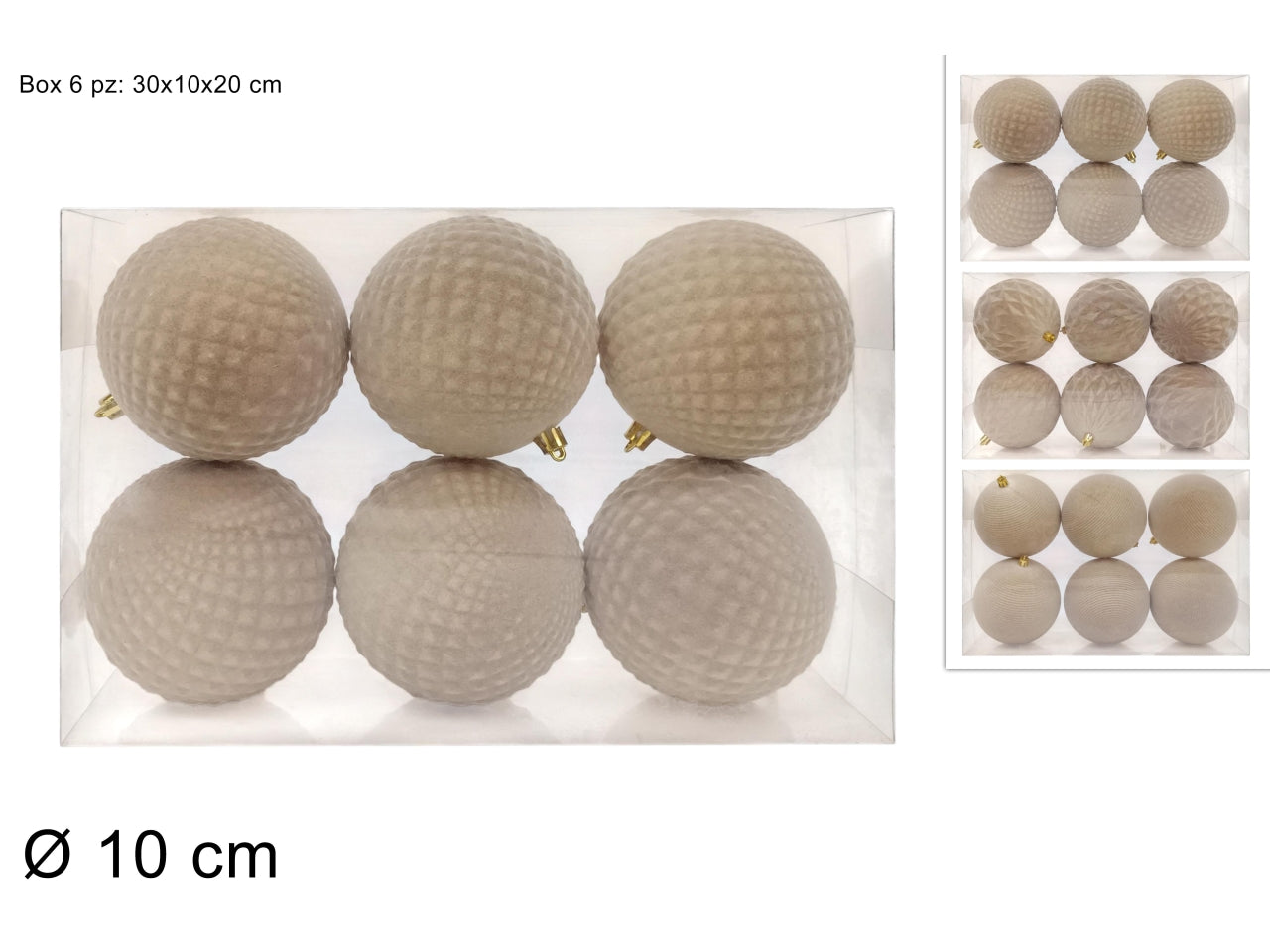 Palle 10cm in confezione da 6 pezzi floccata beige assortita