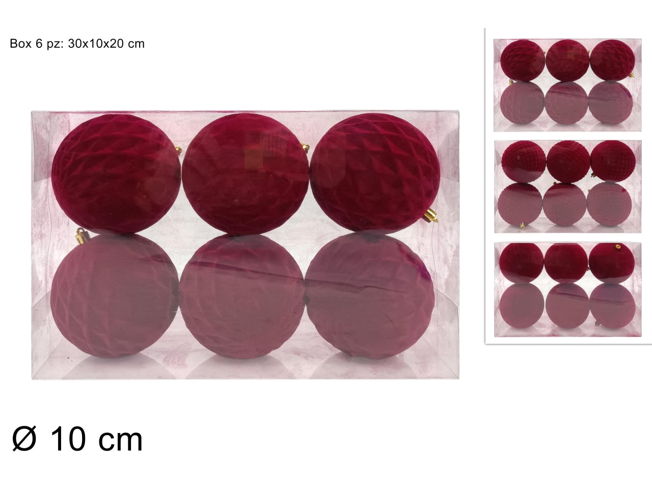 Palle 10cm in confezione da 6 pezzi floccata bordeaux assortita