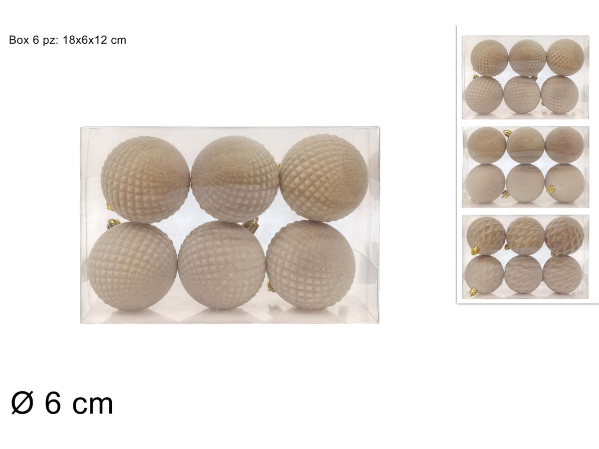 Palle 6cm in confezione da 6 pezzi floccata beige assortita