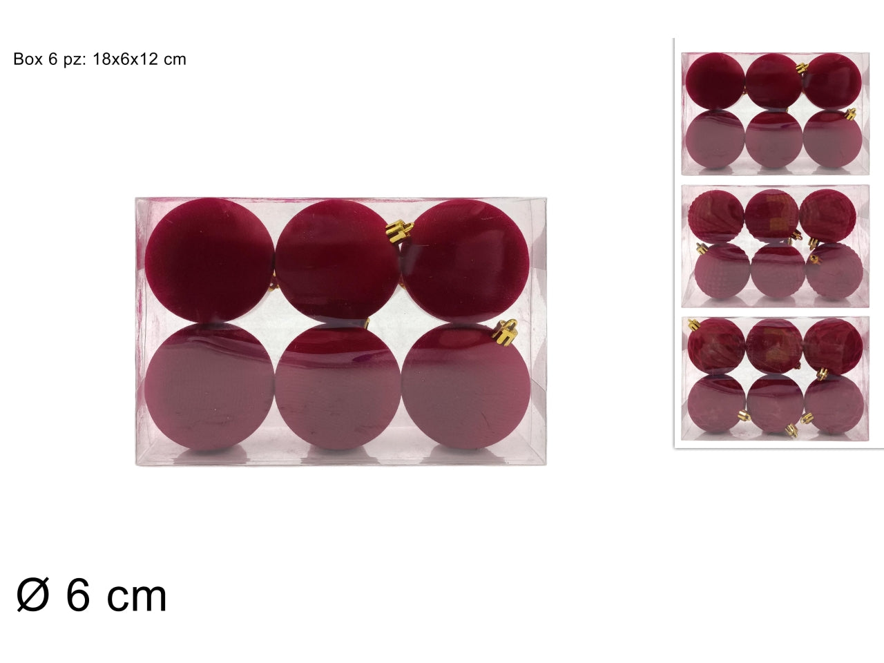 Palle 6cm in confezione da 6 pezzi floccata bordeaux assortita