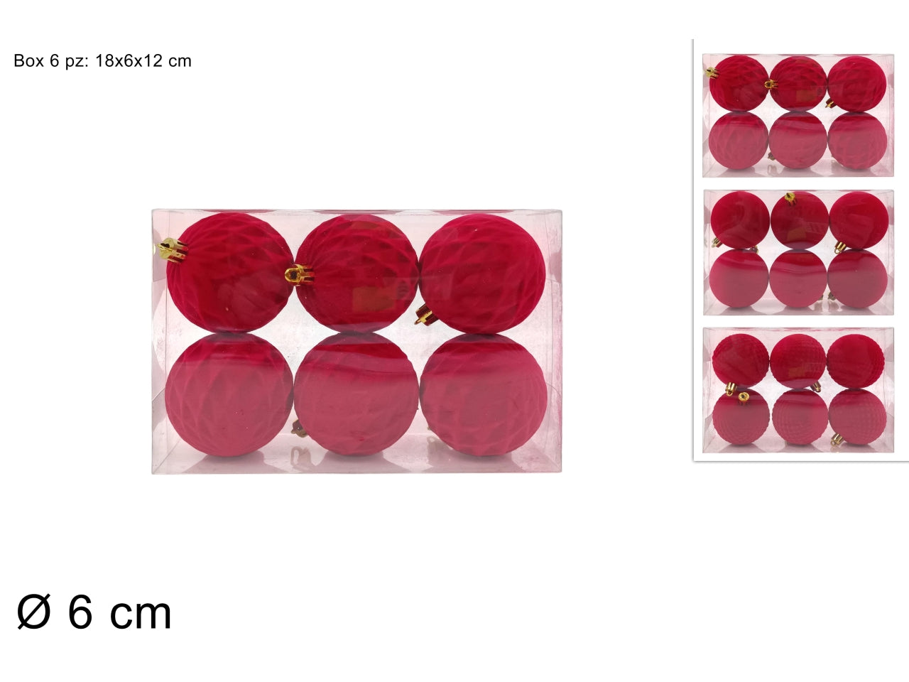 Palle 6cm in confezione da 6 pezzi floccata rossa assortita