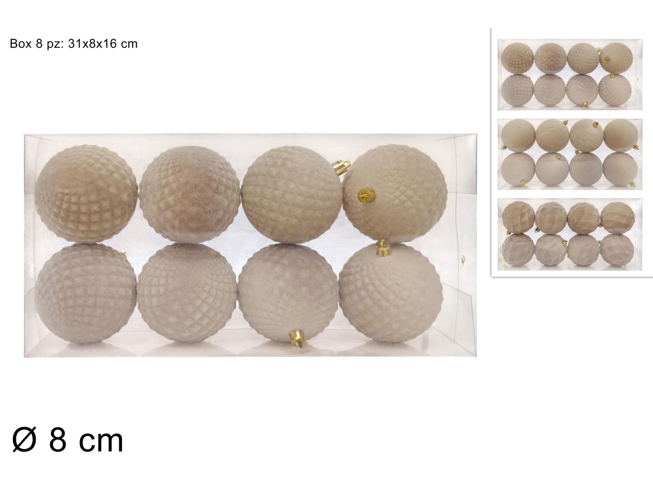 Palle 8cm in confezione da 8 pezzi floccata beige assortita