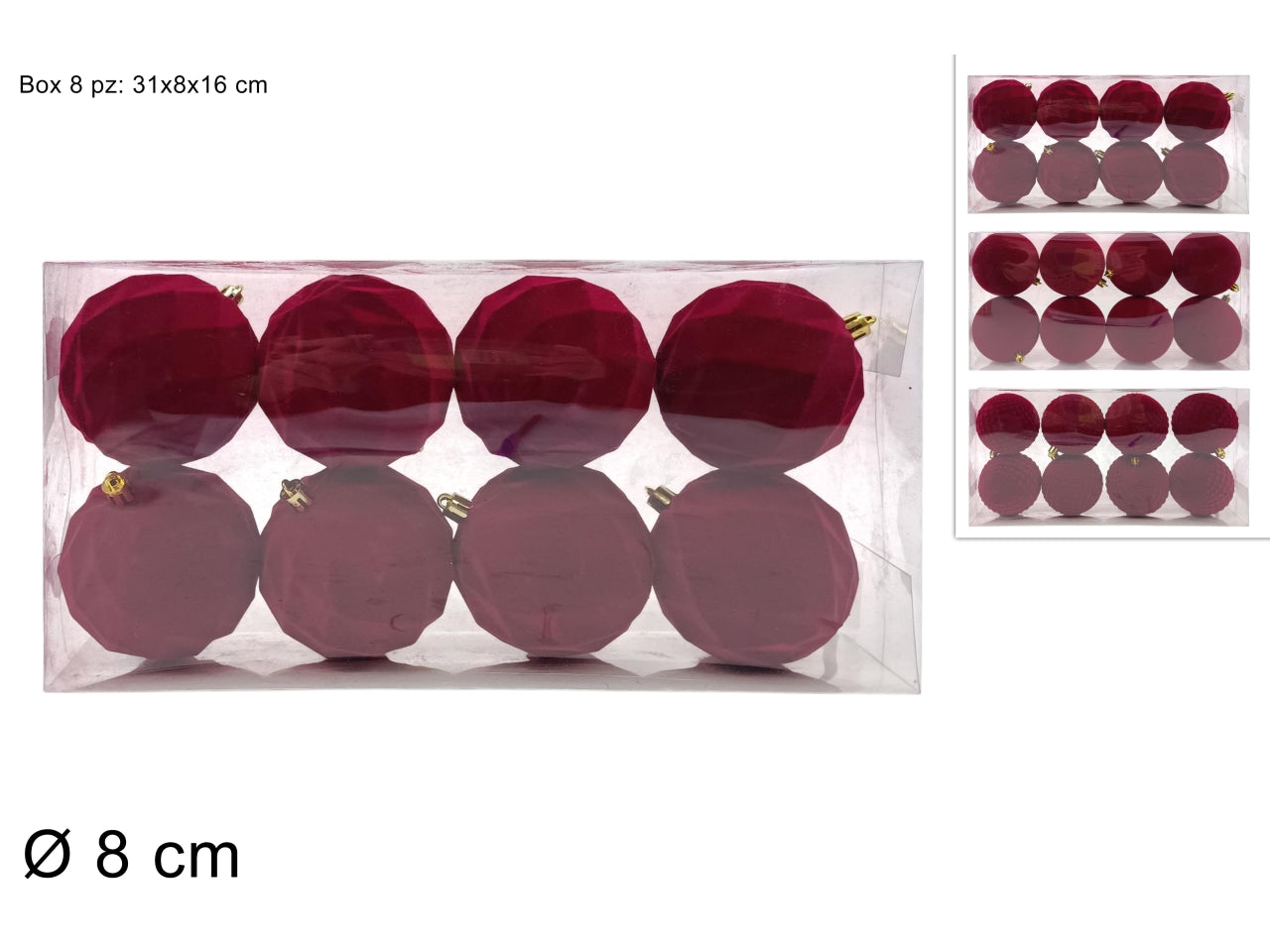Palle 8cm in confezione da 8 pezzi floccata bordeaux assortita
