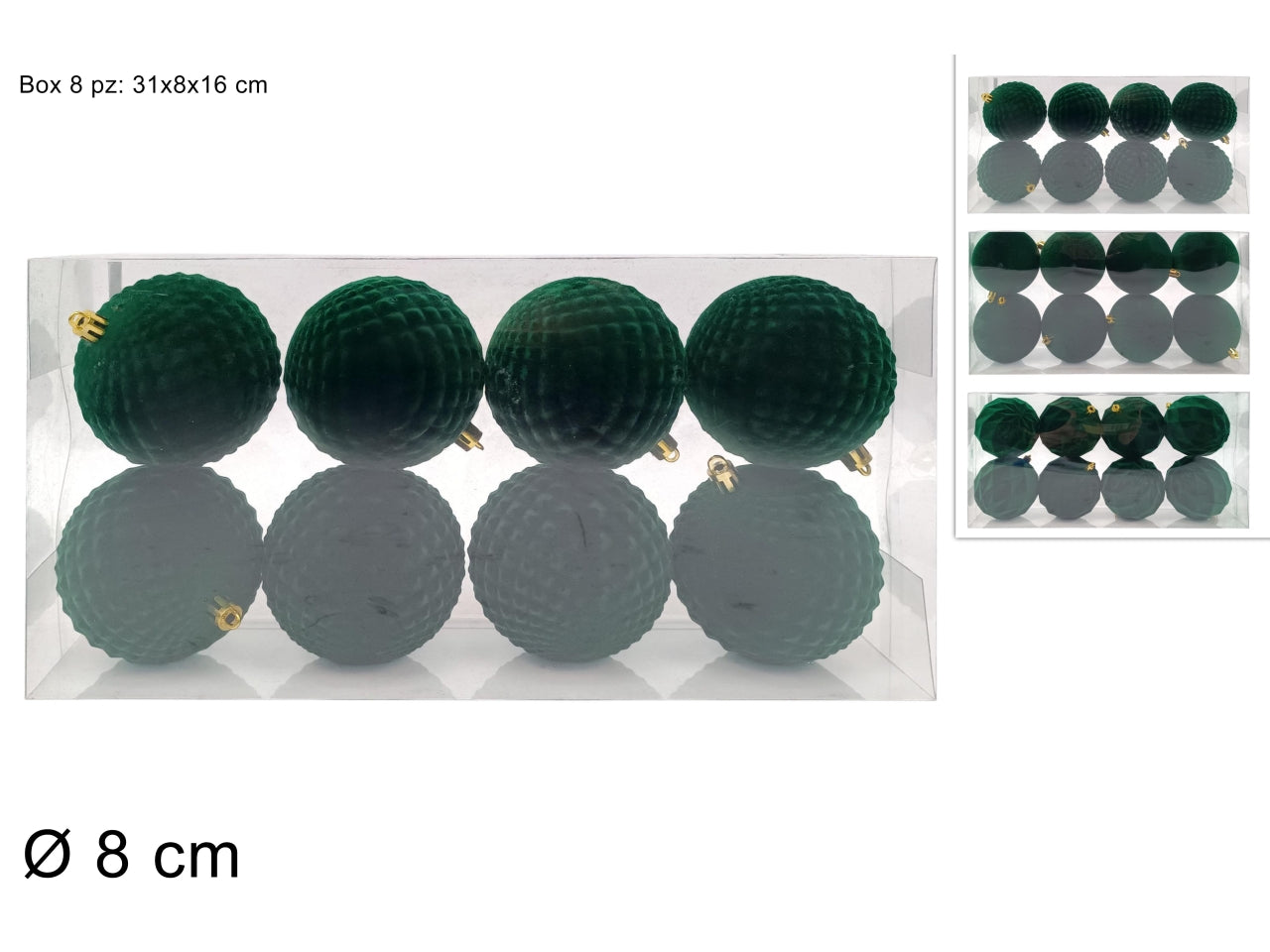 Palle 8cm in confezione da 8 pezzi floccata verde assortita