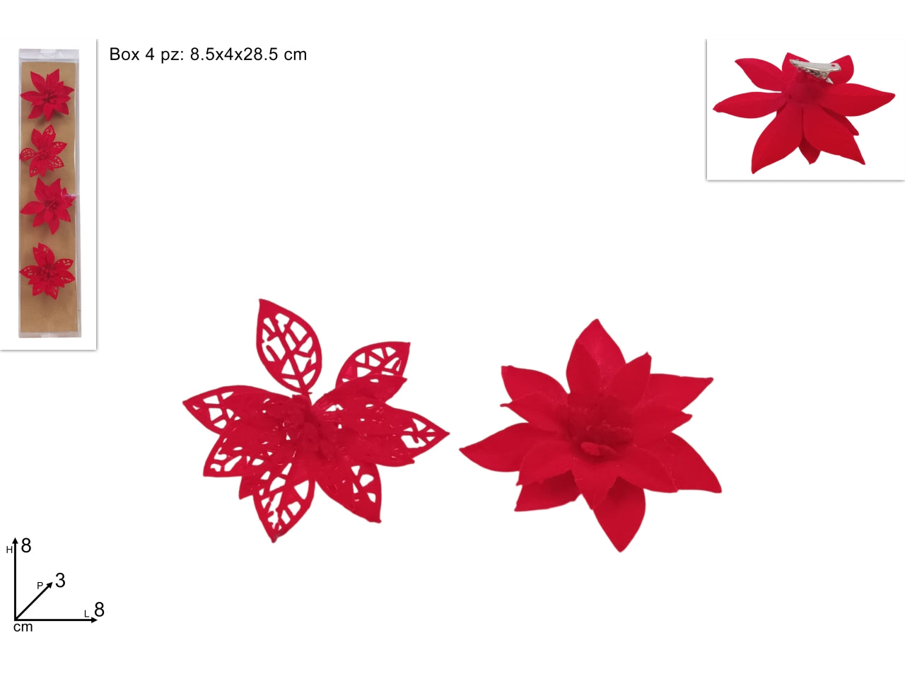 Fiori in velluto rosso 8cm con pinzetta set 4 pezzi