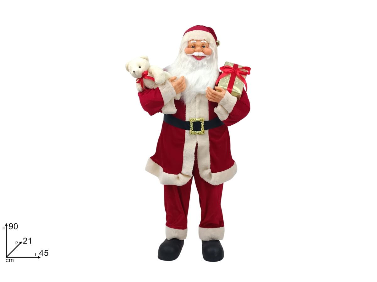 Babbo Natale 90cm con orsetto e pacco regalo