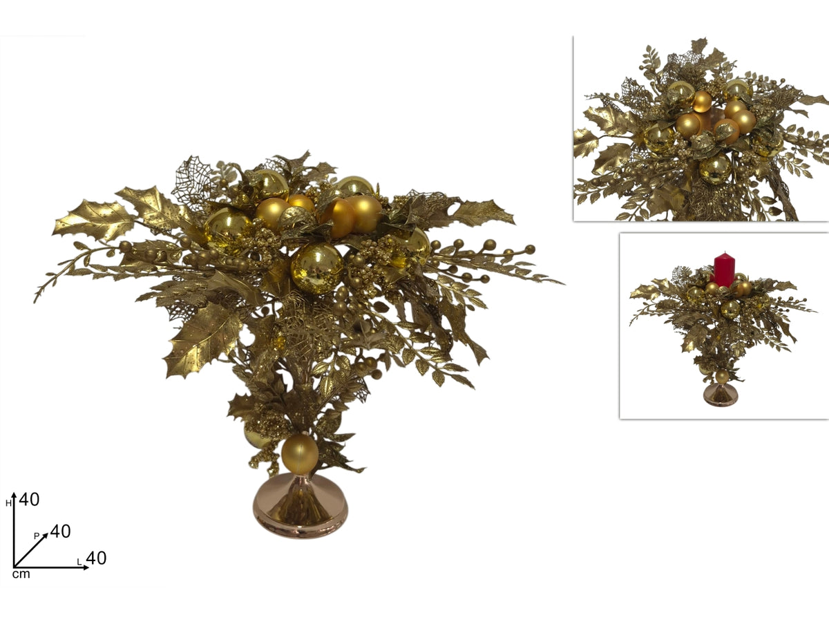 Portacandele 40cm con foglie e palline oro