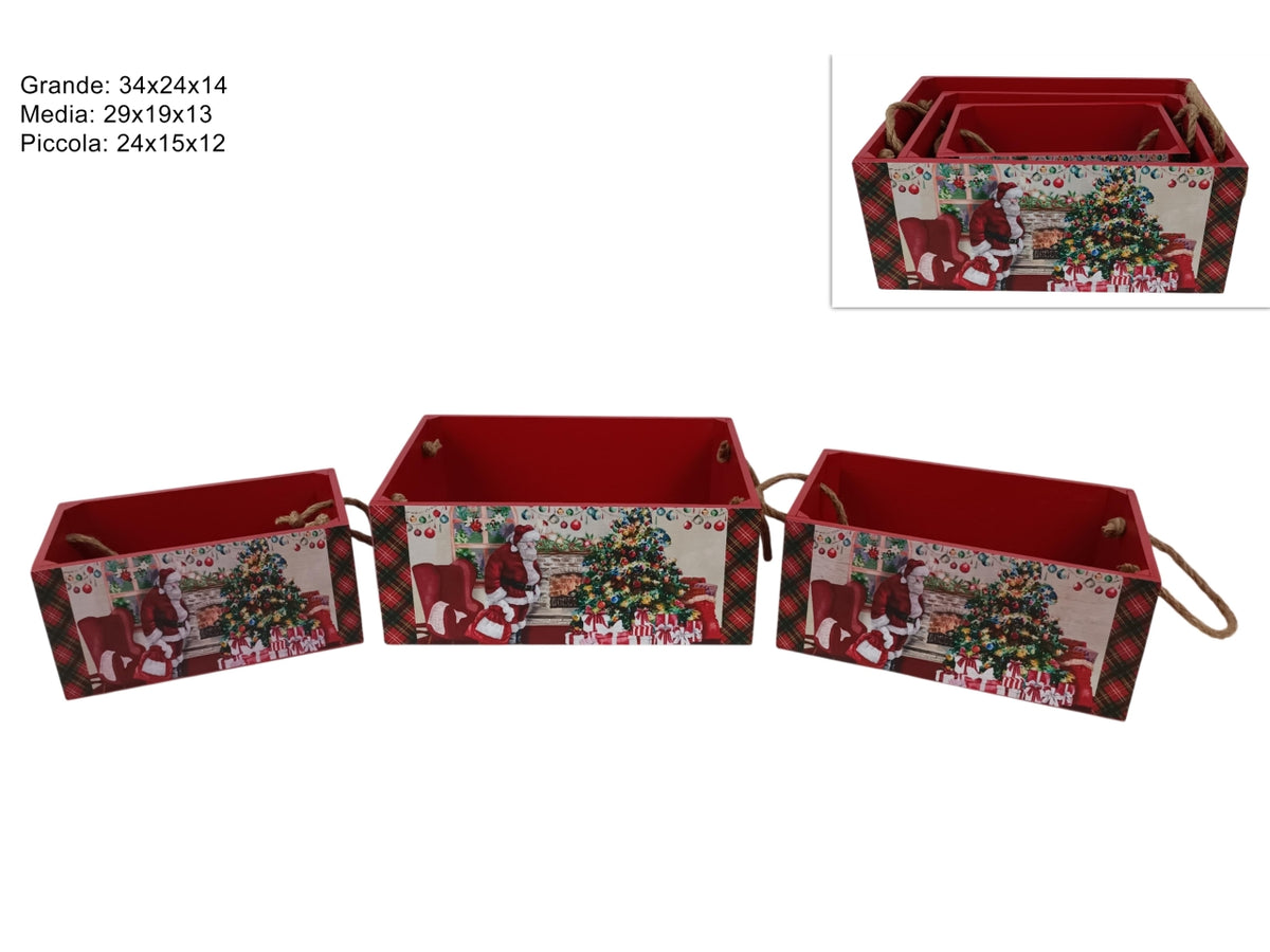 Cassette in legno con decoro Babbo Natale set da 3 pezzi
