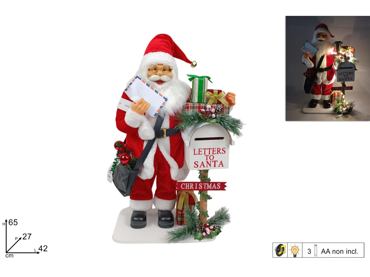 Babbo Natale 65cm con cassetta postale, musica e luce