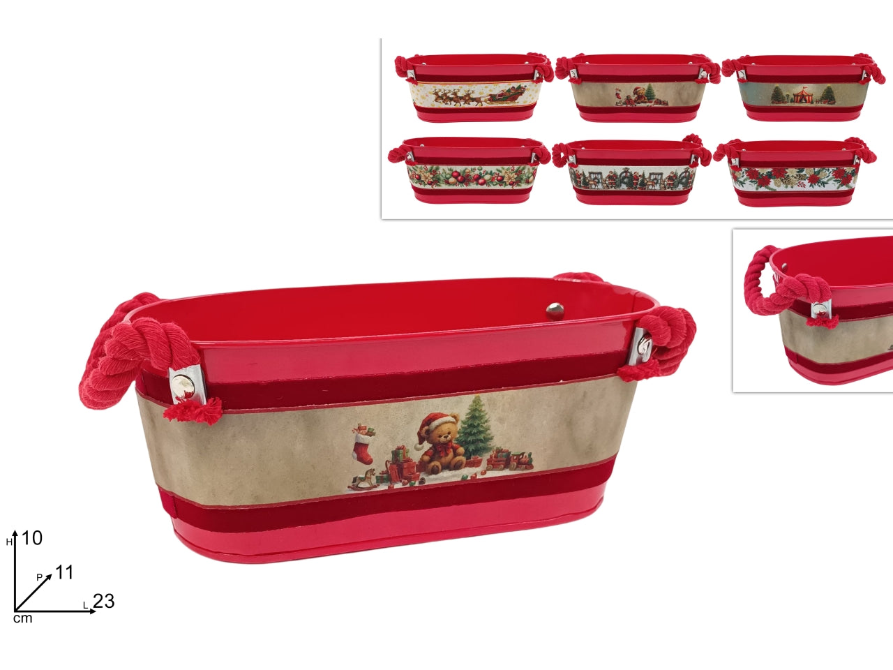 Cesta ovale in metallo 23x11x10 rossa con manici 6 decori asssortiti