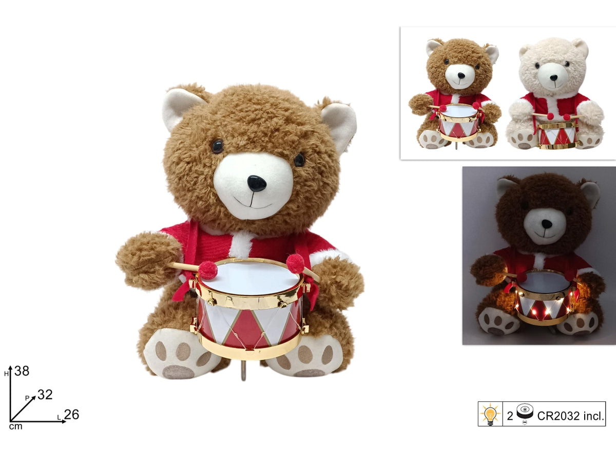 Orsetto natalizio 38cm con tamburo e luce 2 colori assortiti