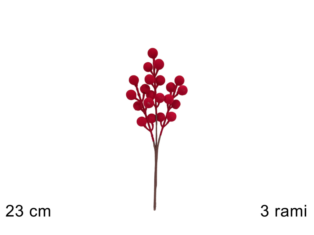 Pick con bacche rosse in velluto 23cm, 3 rami