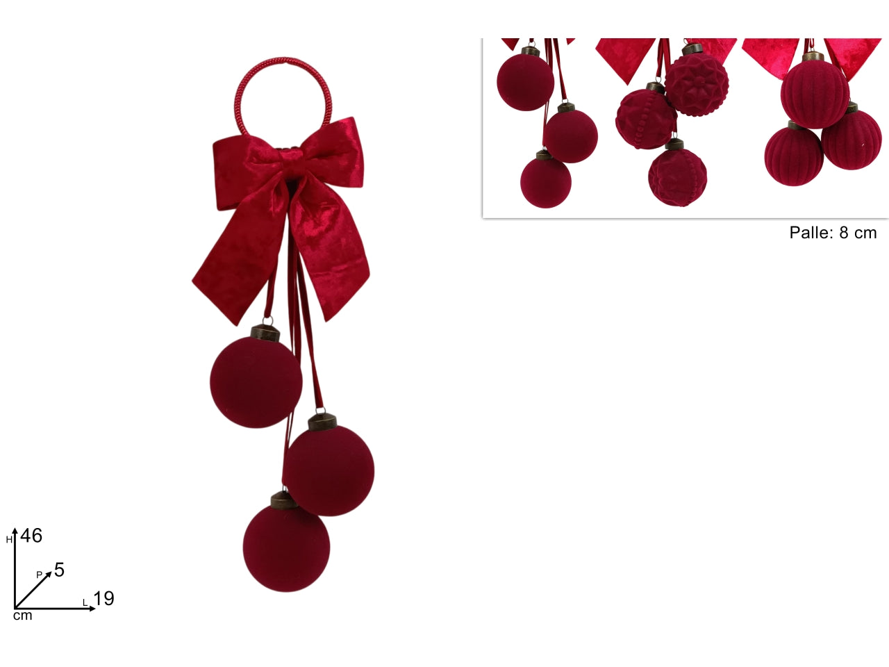 Appendino natalizio con 3 palline da 8cm effetto velluto bordeaux e fiocco, 3 assortimenti