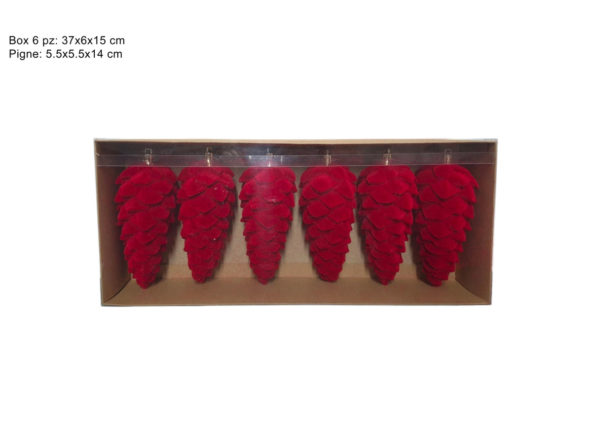 Set 6 pigne decorative natalizie in velluto rosso da 14cm