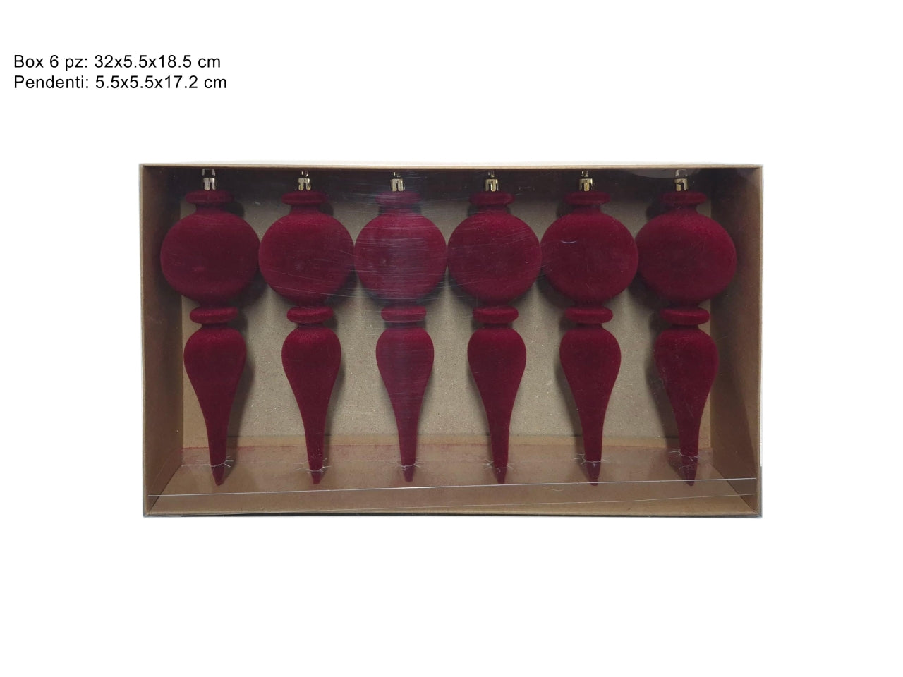 Set 6 pendenti natalizi in velluto bordeaux da 17,2cm