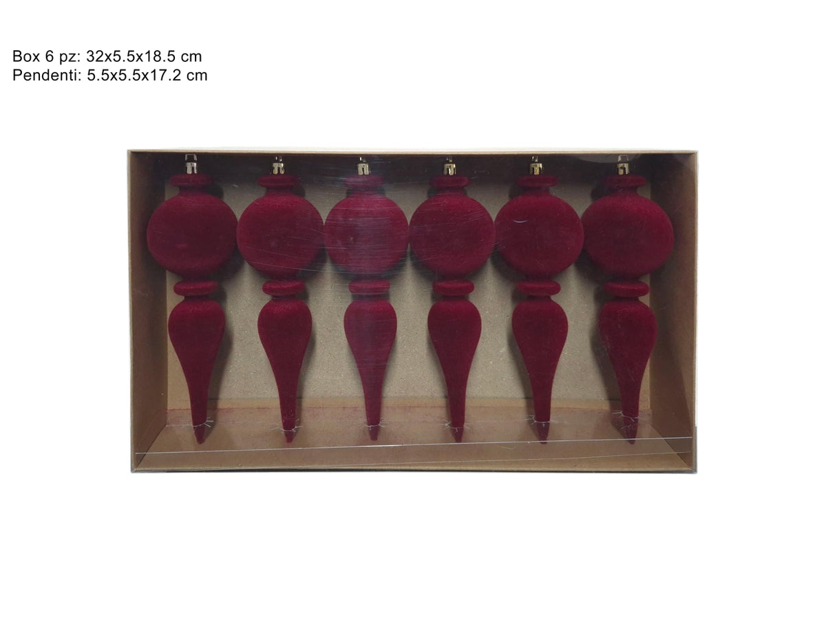 Set 6 pendenti natalizi in velluto bordeaux da 17,2cm