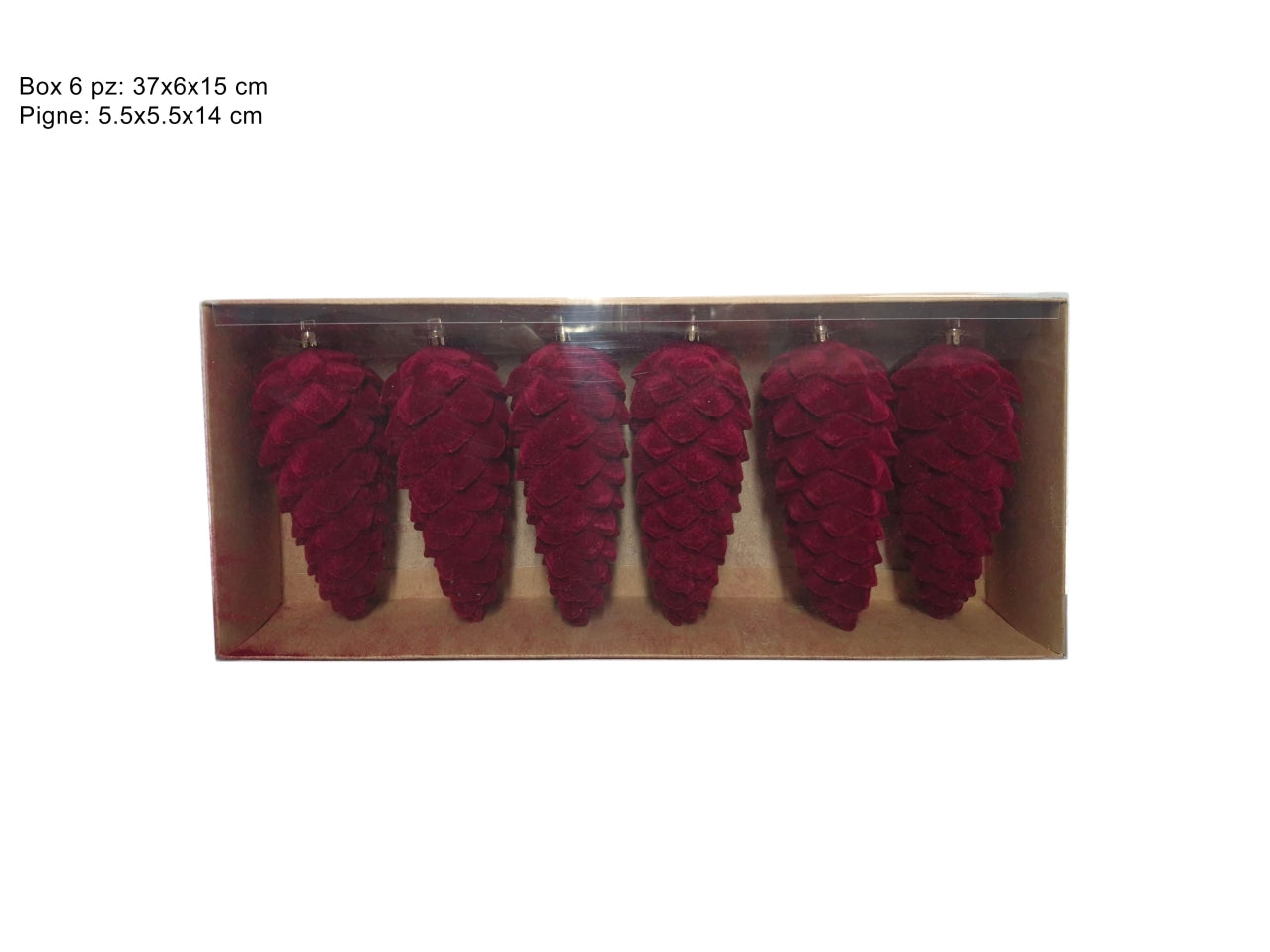 Set 6 pigne decorative natalizie in velluto bordeaux da 14cm