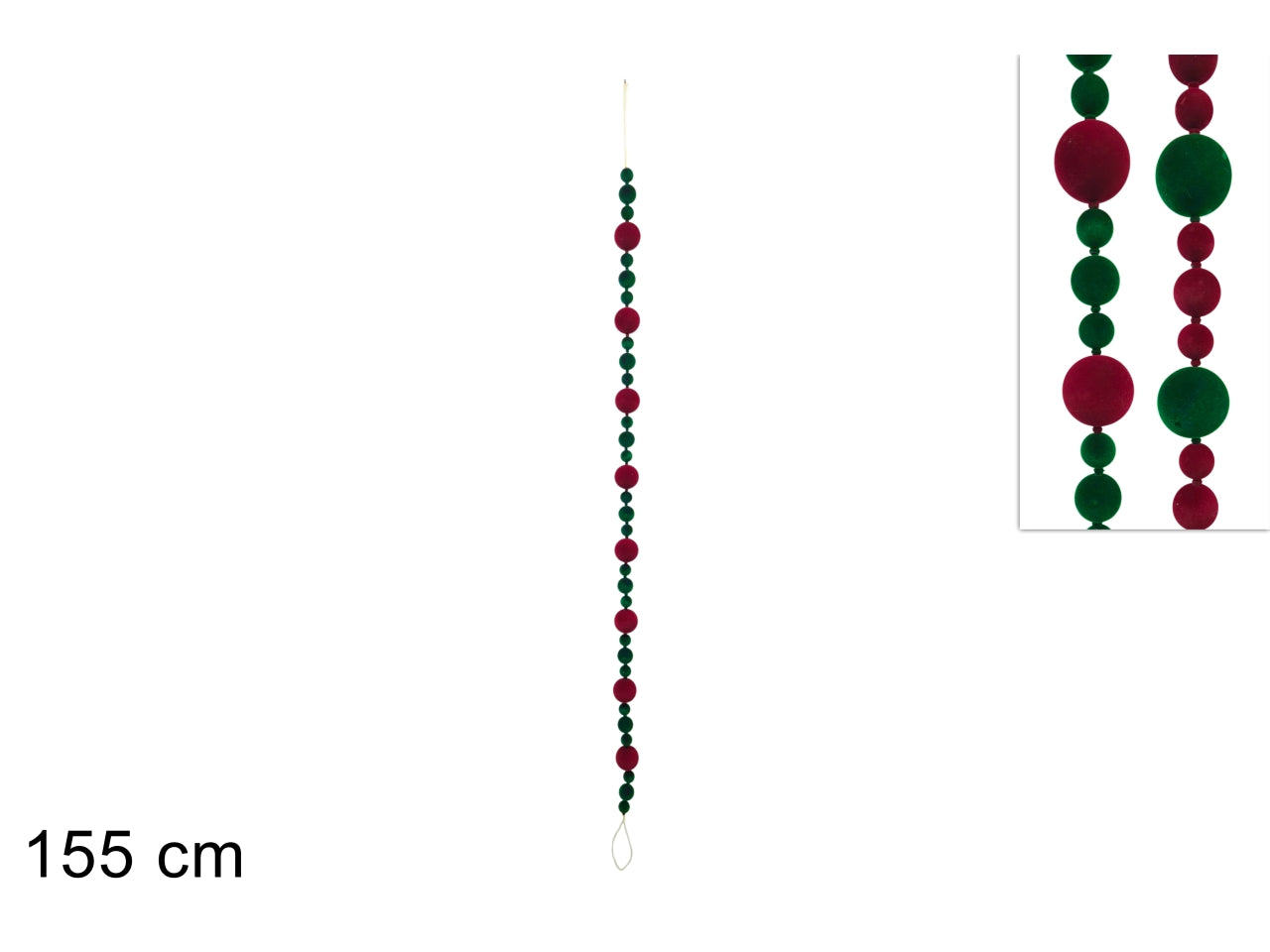 Ghirlanda natalizia con palline in velluto bordeaux e verde, 155cm, 2 assortimenti