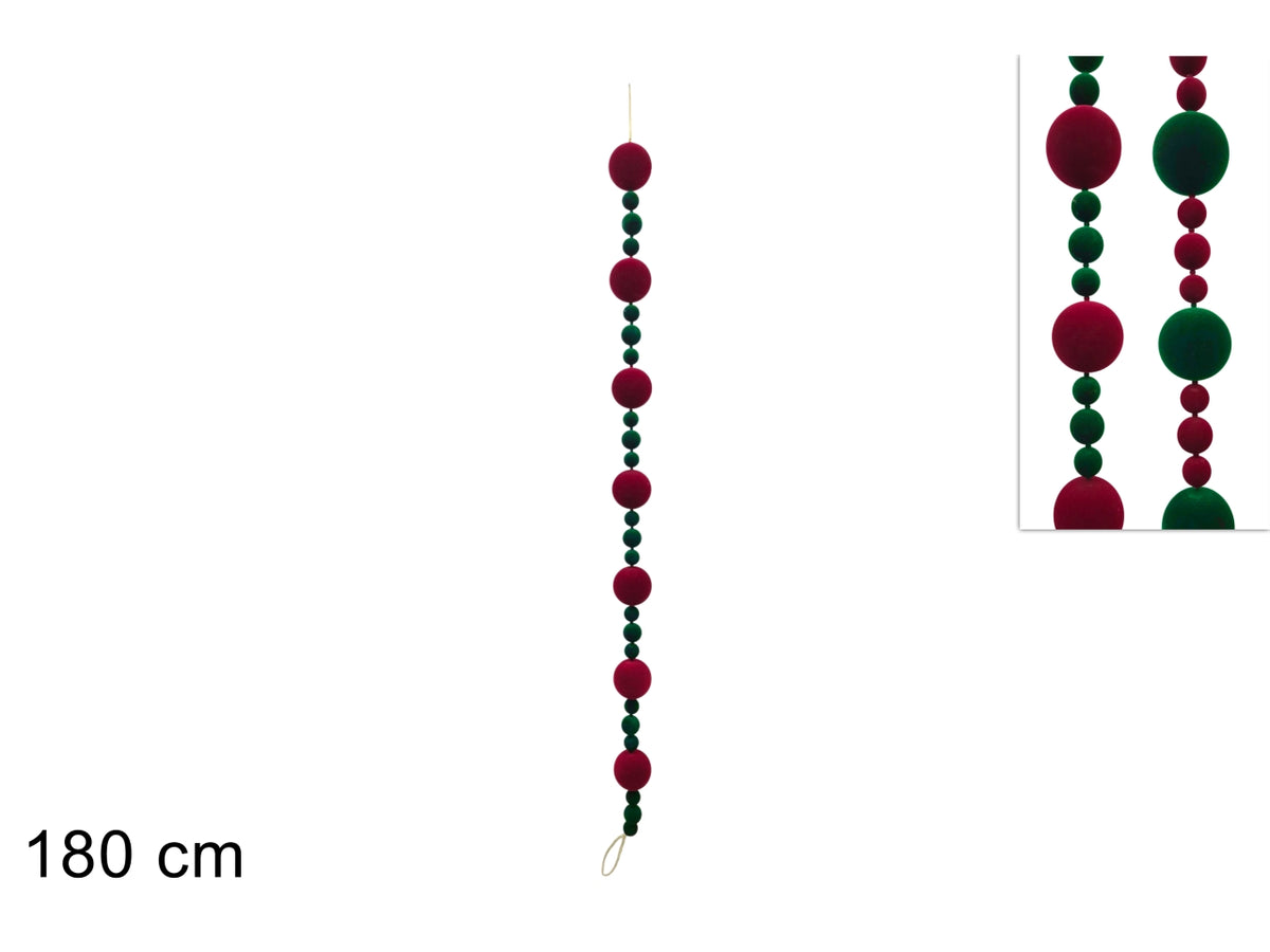 Ghirlanda natalizia con palline in velluto bordeaux e verde, 180cm, 2 assortimenti