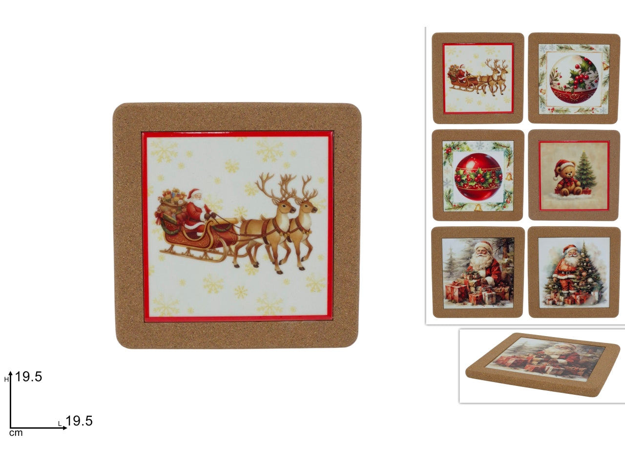 Sottopentola quadrato 19,5X19,5cm in ceramica e sughero con decori natalizi assortiti