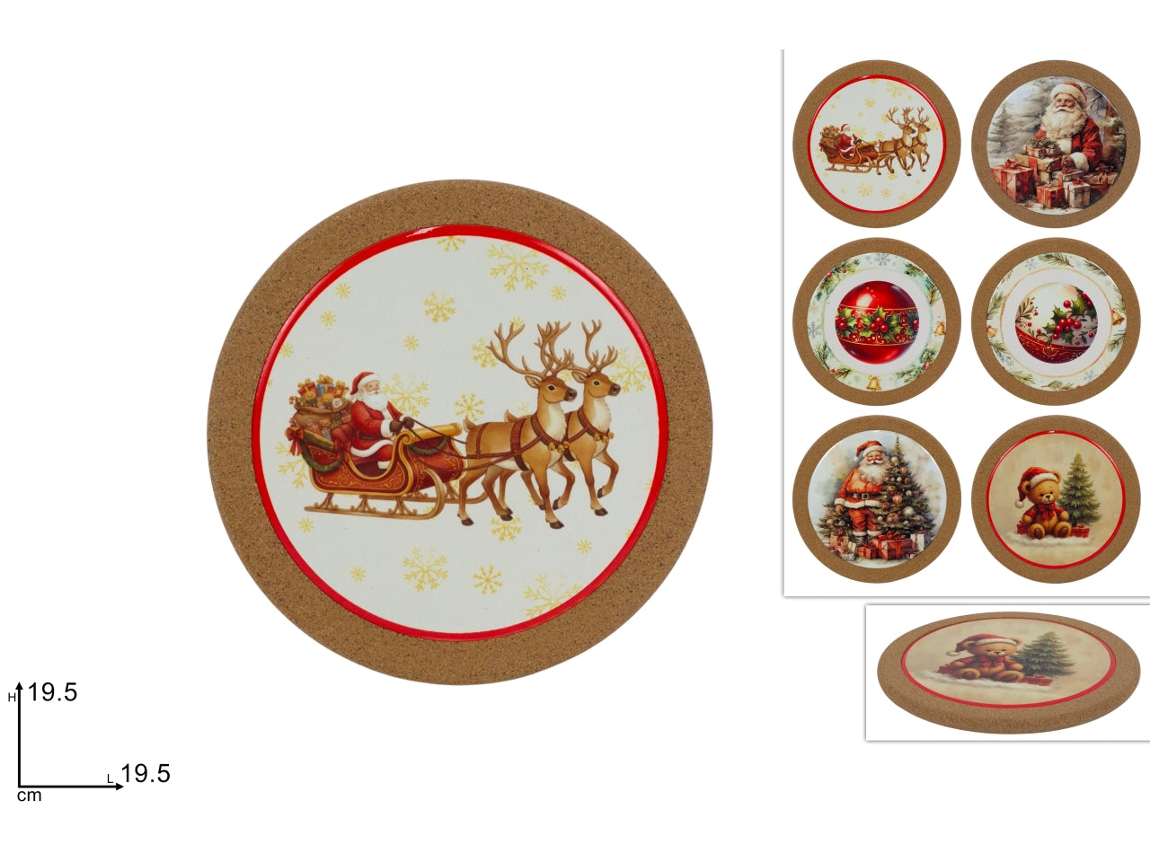 Sottopentola tondo 19,5cm in ceramica e sughero con decori natalizi assortiti