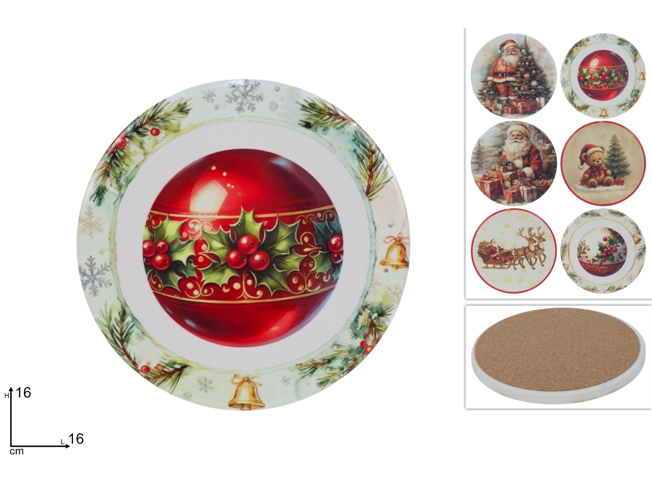 Sottopentola tondo in sughero da 16cm con decori natalizi assortiti