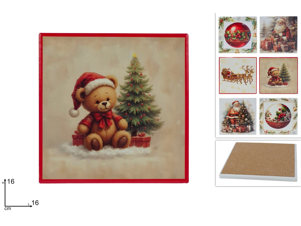 Sottopentola quadrato in sughero da 16cm con decori natalizi assortiti