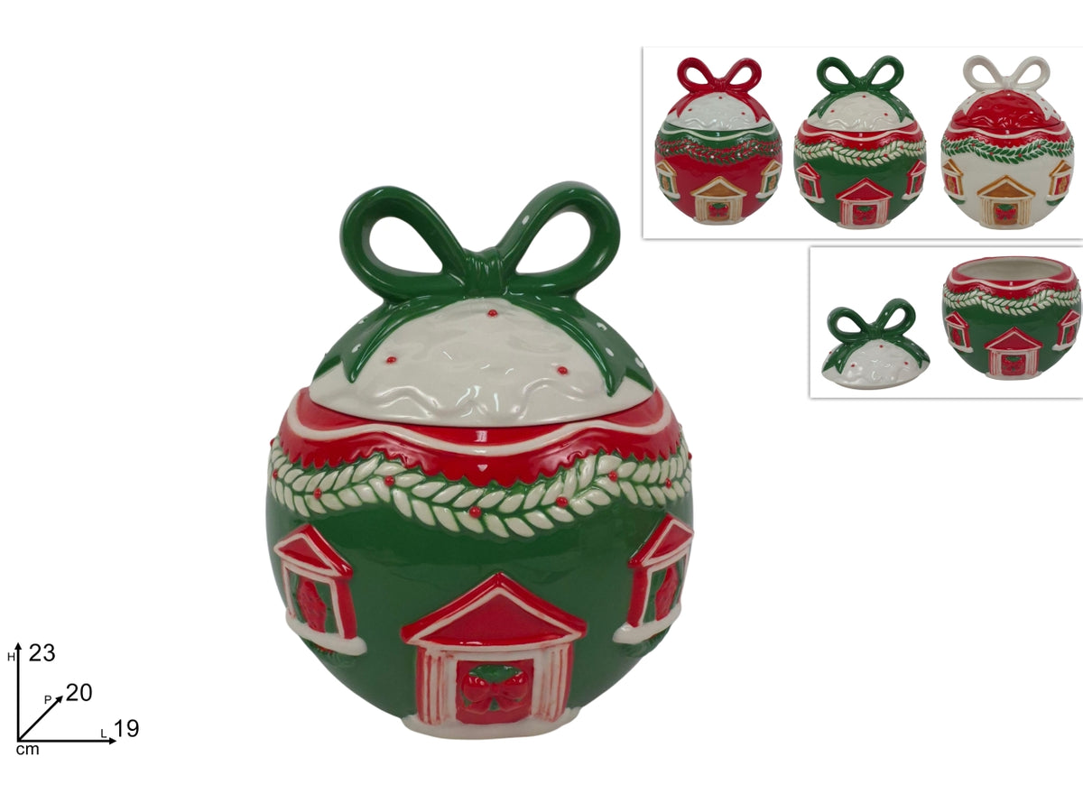 Barattolo palla in ceramica da 23cm con decoro casa natalizia, 3 colori