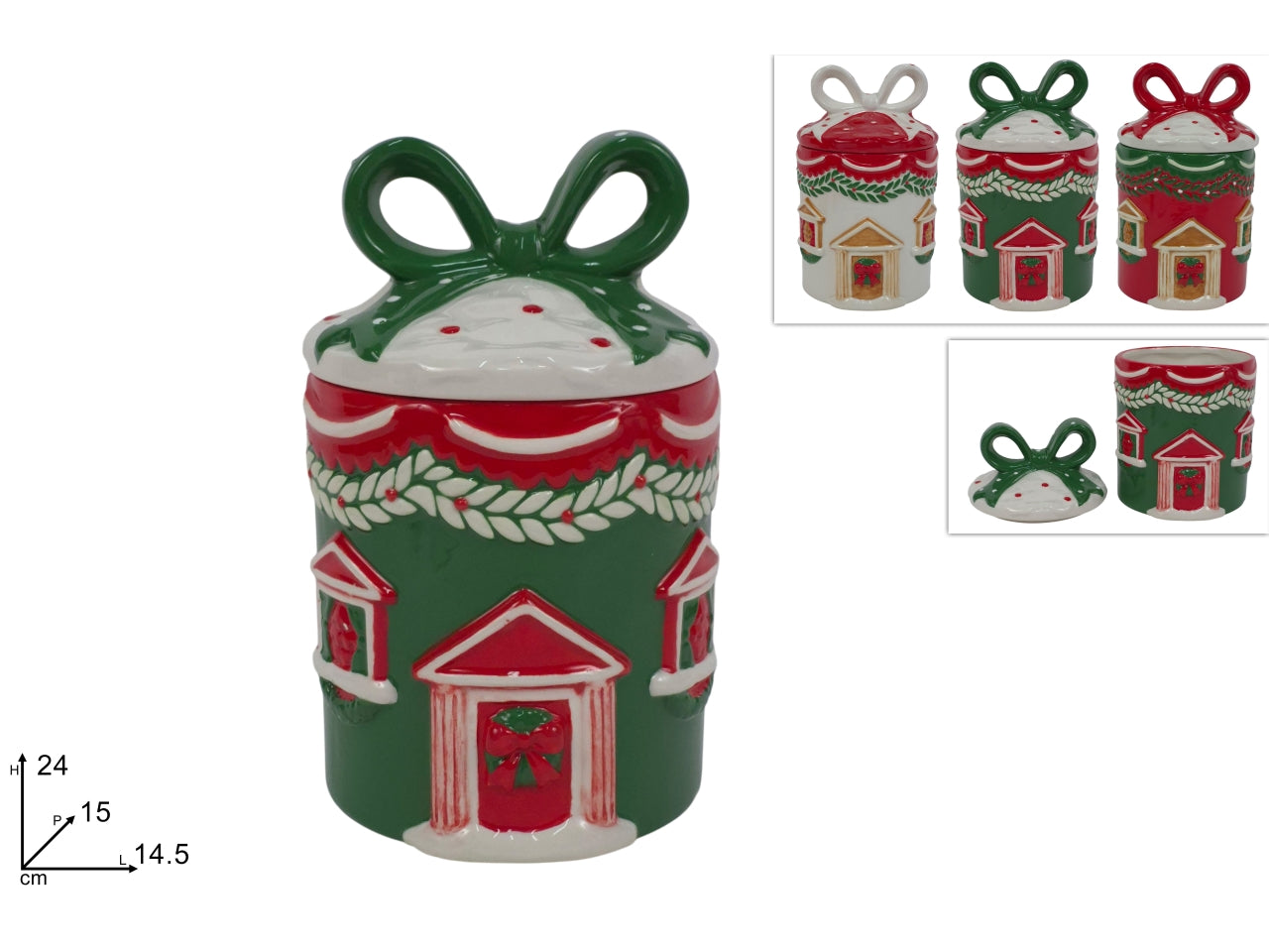 Barattolo in ceramica da 24cm con decoro casa natalizia, 3 colori