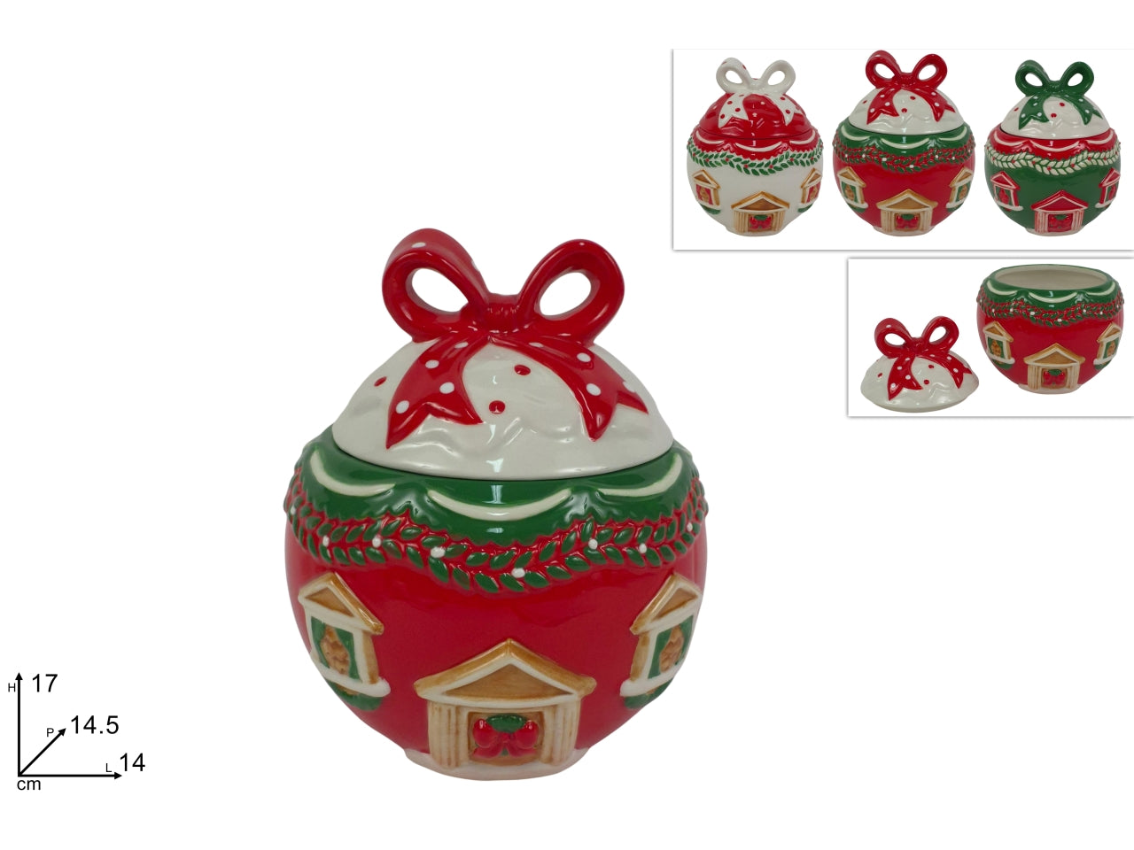 Barattolo palla in ceramica da 17cm con decoro casa natalizia, 3 colori