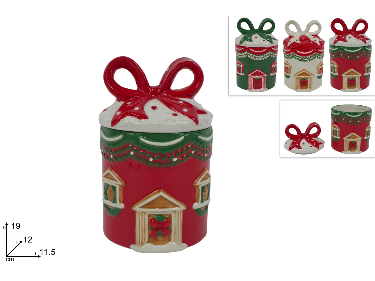 Barattolo in ceramica da 19cm con decoro casa natalizia, 3 colori