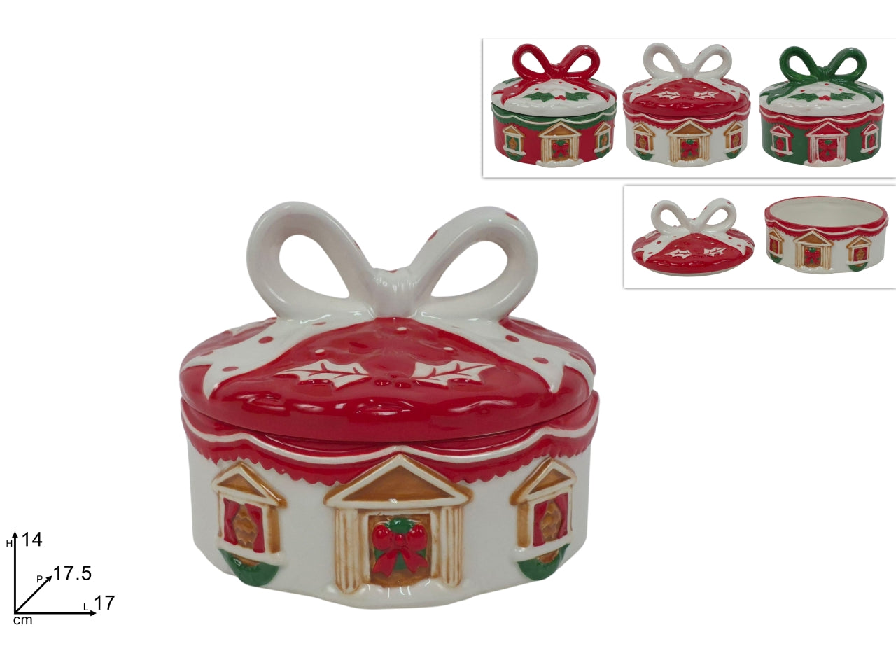 Barattolo tondo in ceramica da 17cm con decoro casa natalizia, 3 colori