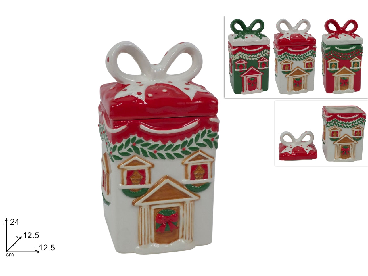Barattolo in ceramica da 24cm con decoro casa natalizia, 3 colori