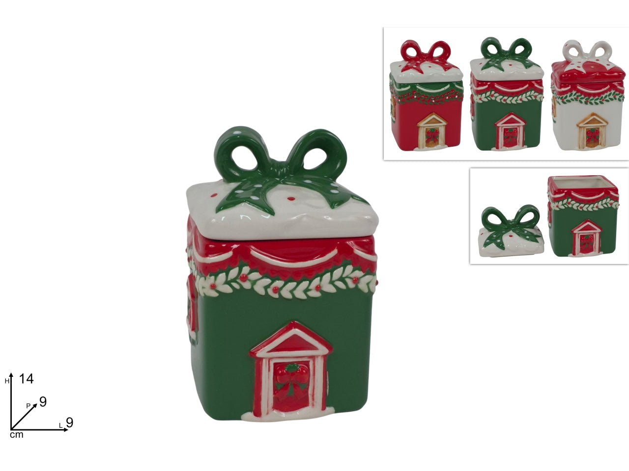 Barattolo in ceramica da 14cm con decoro casa natalizia, 3 colori