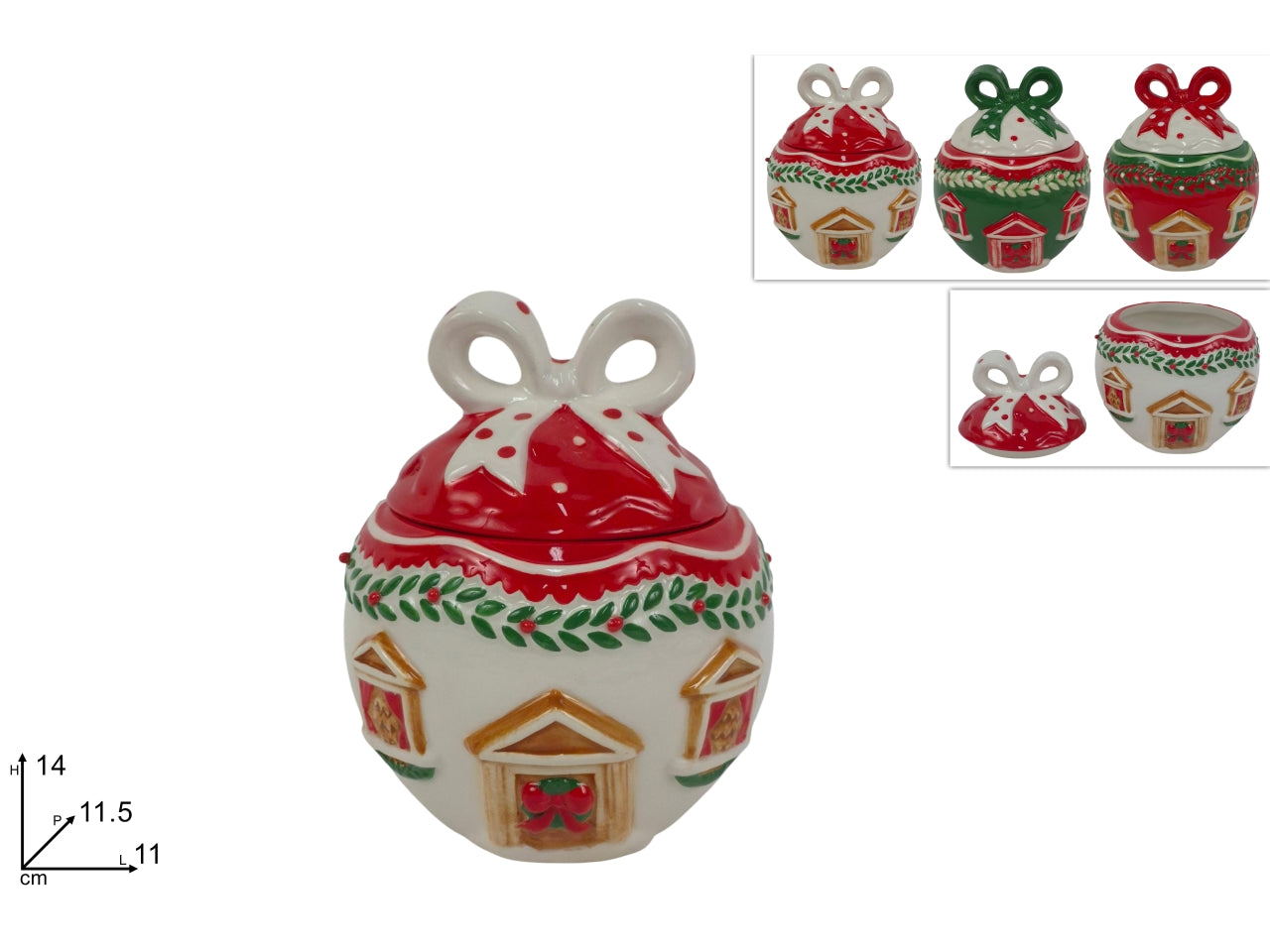 Barattolo palla in ceramica da 14cm con decoro casa natalizia, 3 colori