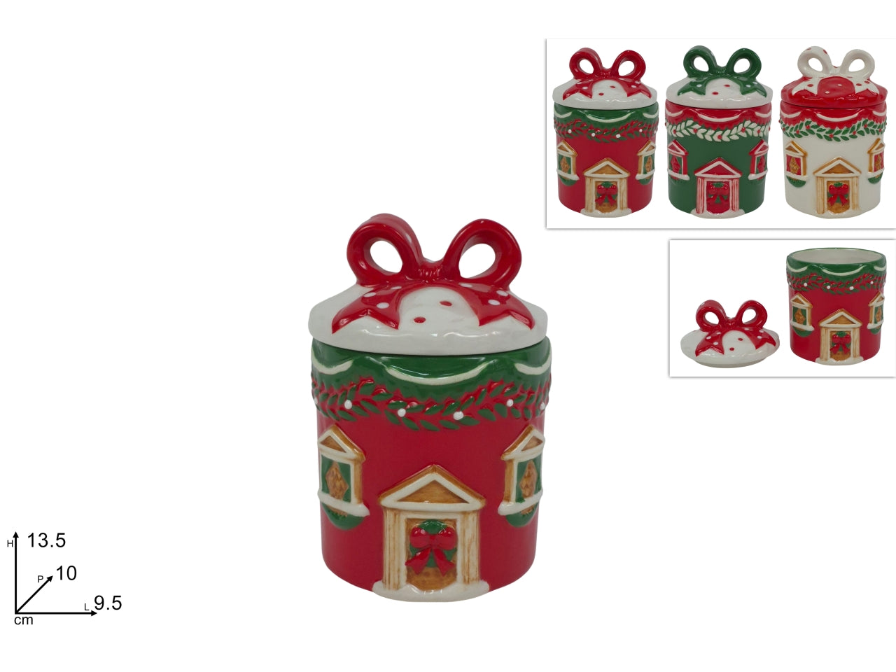 Barattolo in ceramica da 14cm con decoro casa natalizia, 3 colori