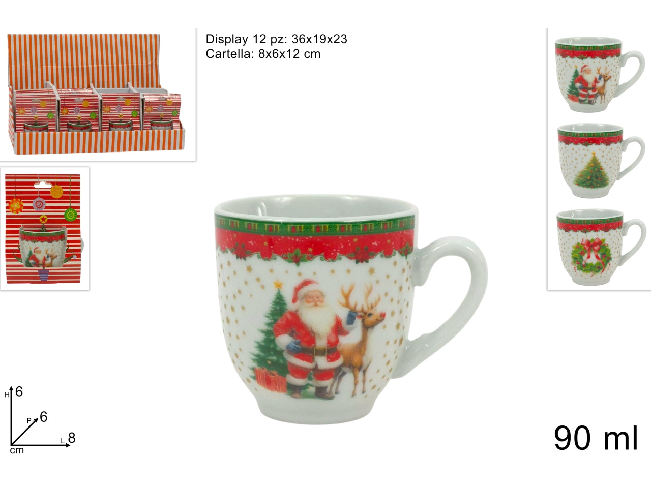 Tazzina in porcellana da 90ml con decoro natalizio, 3 assortimenti