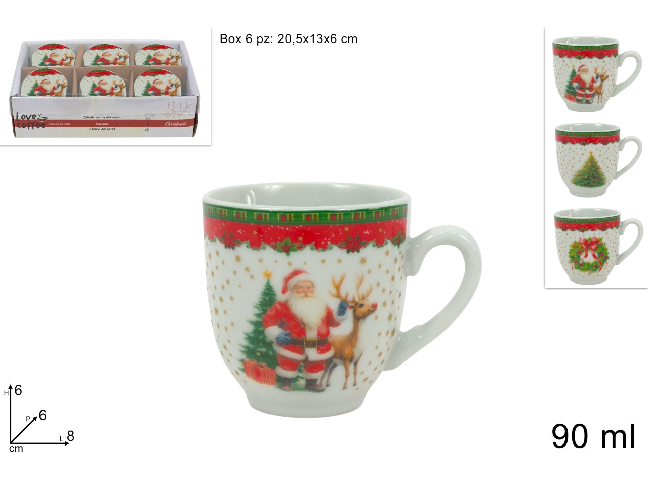 Set 6 tazzine in porcellana da 90ml con decoro natalizio, 3 assortimenti