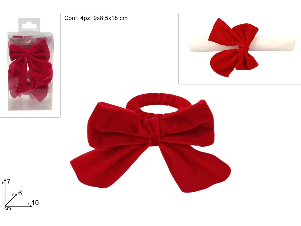 Set 4 portatovaglioli natalizi con fiocco in velluto rosso