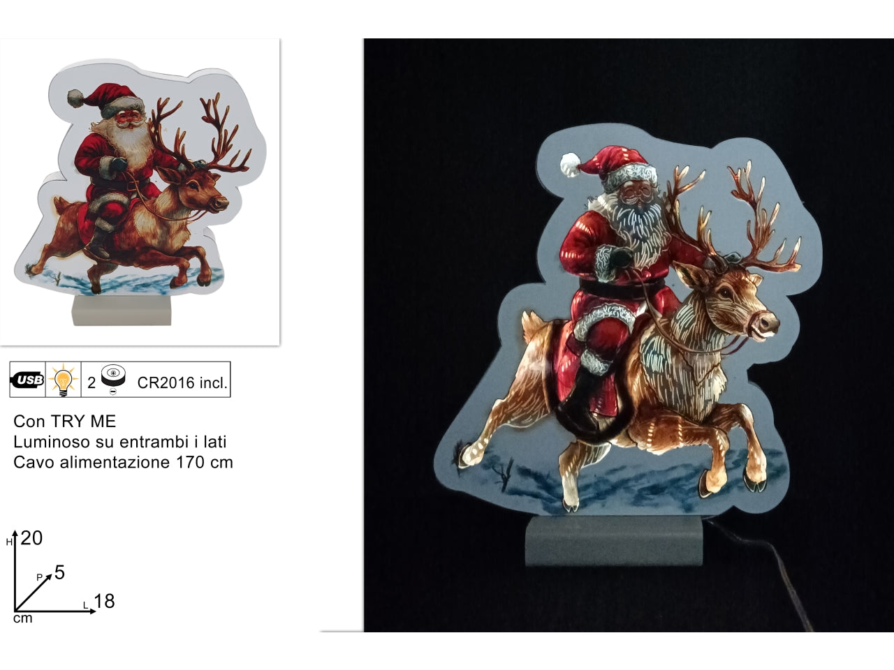 Babbo natale con cerbiatto luminoso 3d, 20cm