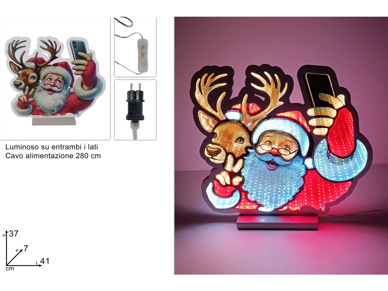 Babbo natale e renna selfie luminoso 3d, 41cm