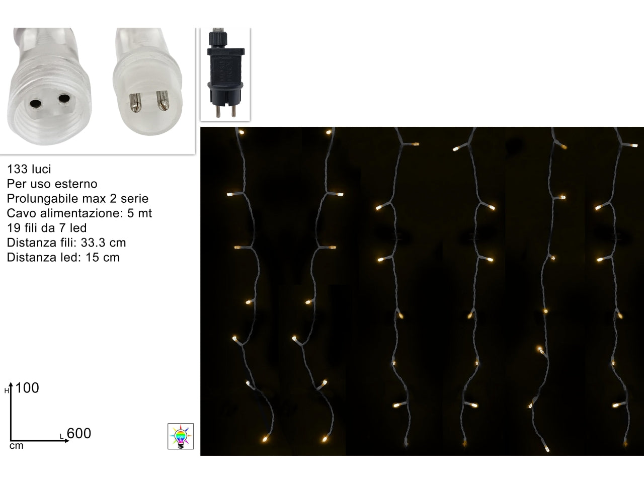 Tenda luminosa flash maxi 133 led, 6x1mt, prolungabile, bianco caldo